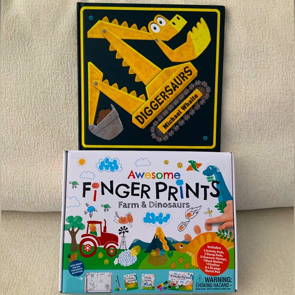 Diggersaurs book & Dinosaur Finger Prints Farm Toy Set bundle